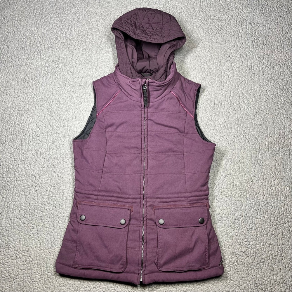 Prana Hooded Puffer Vest Womens Small PrimaLoft Plum Purple Quilted Full Zip